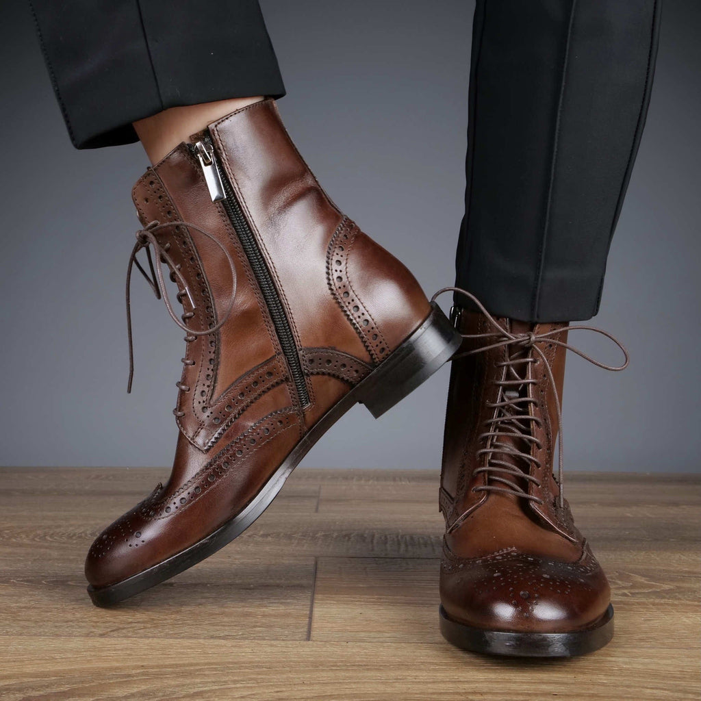 brown wingtip dress boots Thursday Boot Company Men's Caramel Suede Wingtip Size 11