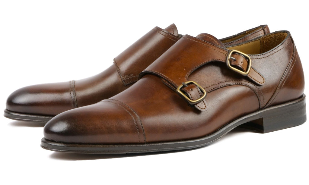 Double Buckle Monk Strap Brown Mens Designer Italian Dress Shoes, US 13 Leather