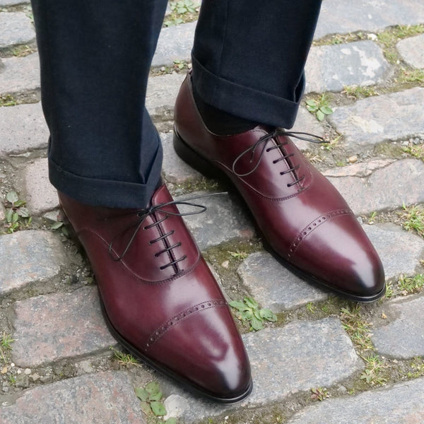 Navy Blazer Burgundy Shoes With Grey Pants Cap Toe Oxford Oxblood